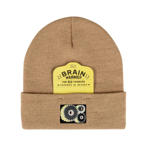 BRAIN WARMER FOR BIG THINKERS. EXPANDS AS NEEDED. BEANIE