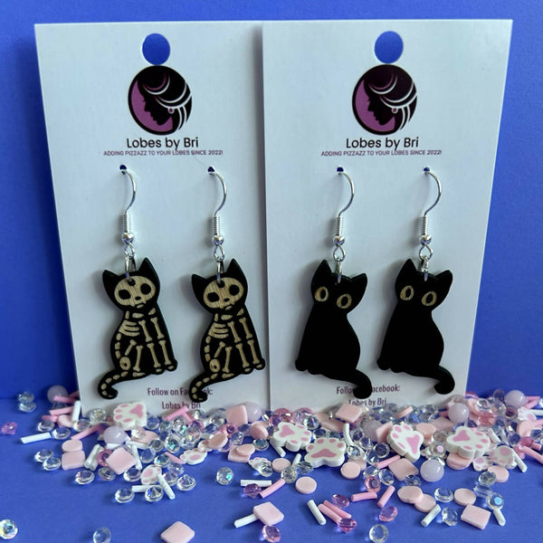 Bone-Jangles - Wooden Black & Skeleton Cat Dangle Earrings - Shop Motif