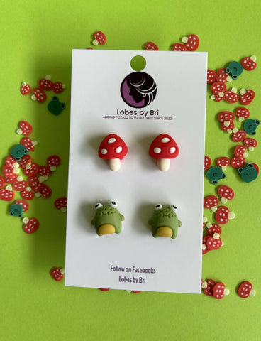 French Flies and a Diet Croak - Frog + Mushroom Stud Earrings - Shop Motif