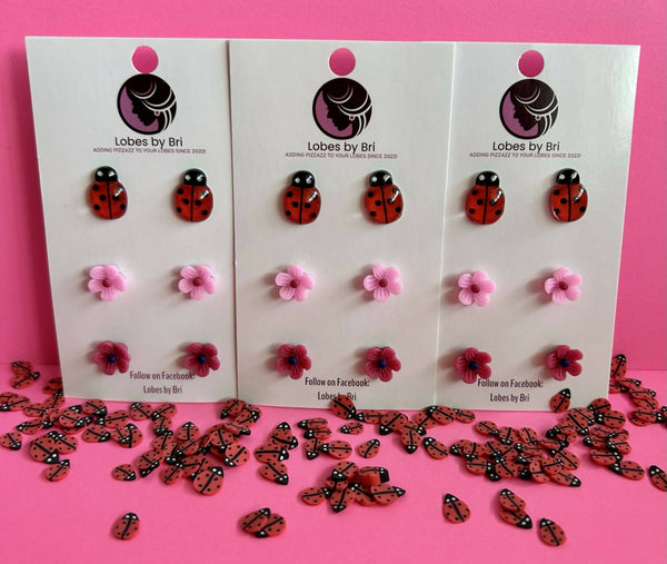 Lovebug - Ladybug + Flower Stud Earrings