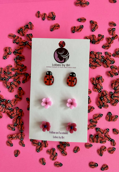 Lovebug - Ladybug + Flower Stud Earrings