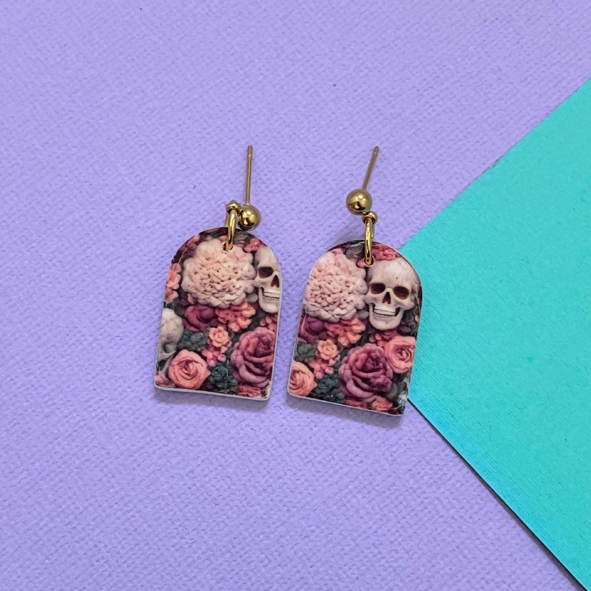 Floral Skull Dangle Earrings