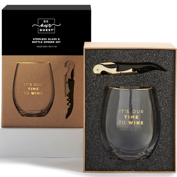 It's Our Time To Wine Wine Glass & Cork Screw Gift Set