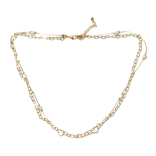 Heart Chain Necklace With White Bead In Gold Plate