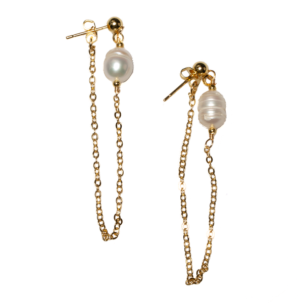 Pearl & Chain Stud Earrings In Gold Plate