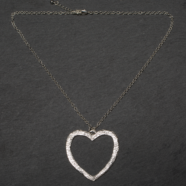 Textured Heart Shaped Pendant On Simple Chain - Silver Plate