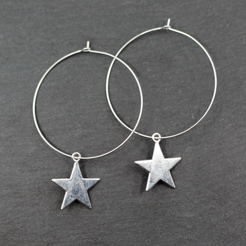 Silver Plate Star On Hoop Earrings