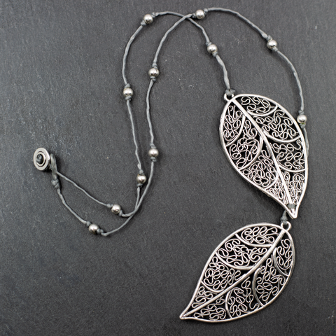 Silver Plate Short Double Leaf Necklace