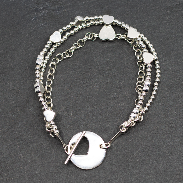 Silver Plate Multi Strand Heart Charm Bracelet With T-Bar