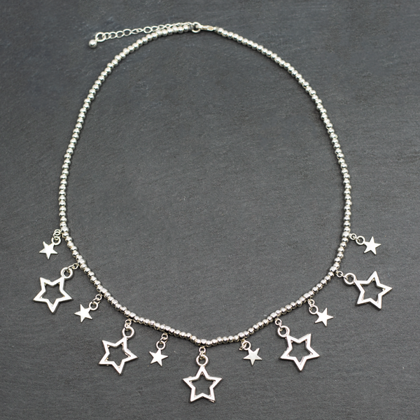 Silver Plate Short Charm Necklace With Drop Stars