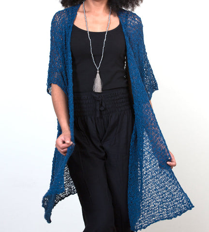 Mid Length Popcorn Knit Kimono - Navy Blue