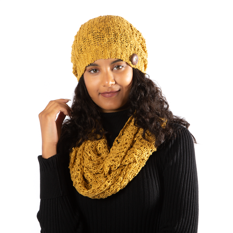 Mustard Popcorn Knit Hat With Button - AF6203