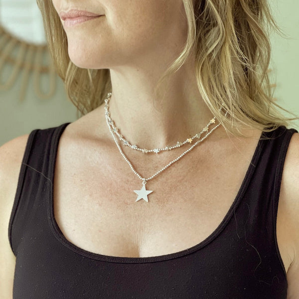 Silver Plate Double Strand Star Charm Necklace
