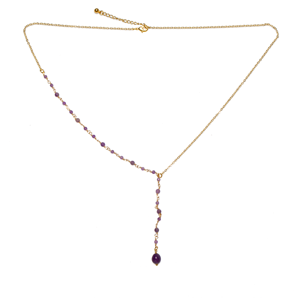 Amethyst & Glass Bead Delicate Drop Necklace In Gold Plate