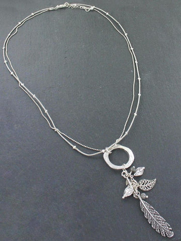 Beaten Ring Necklace With Leaf Charms In Silver Plate