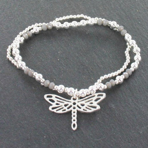 Double Strand Bracelet With Dragonfly Pendant In Silver Plate - Flamingo Boutique