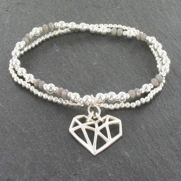 Double Strand Bracelet With Heart Pendant In Silver Plate