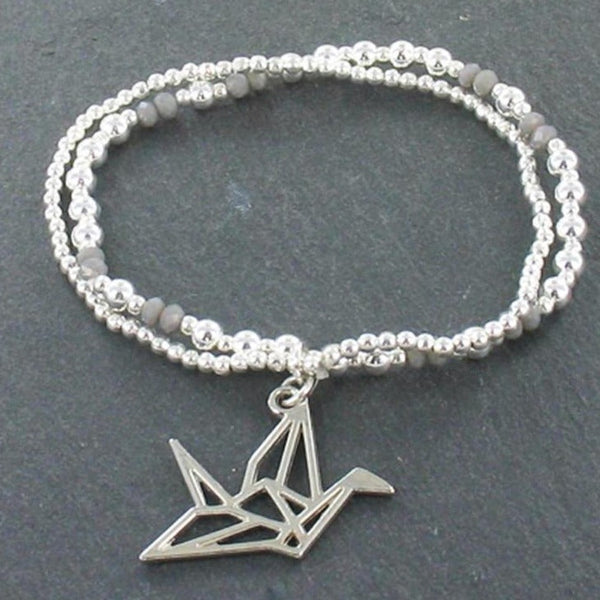 Double Strand Bracelet With Origami Bird Pendant In Silver Plate