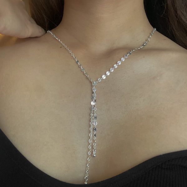 Disc Chain Necklace With Double Drop In Silver Plate