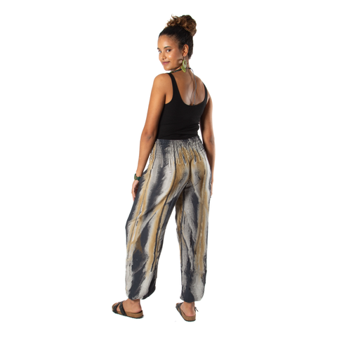 Abstract Tie Dye Design Bali Pants - Grey & Gold