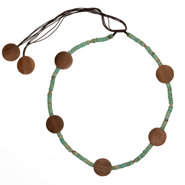Long Coconut Bead & Wooden Disc Necklace