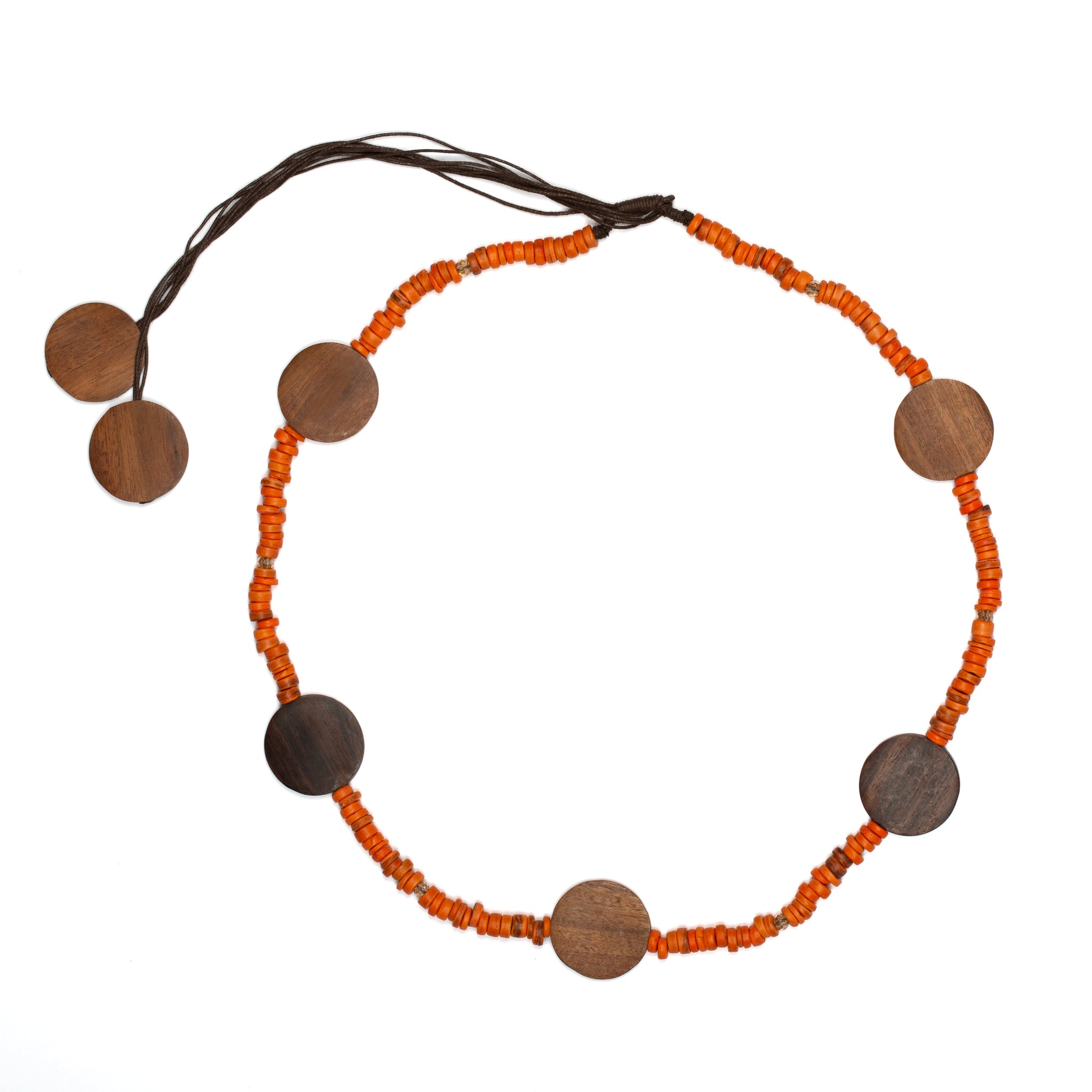 Long Coconut Bead & Wooden Disc Necklace
