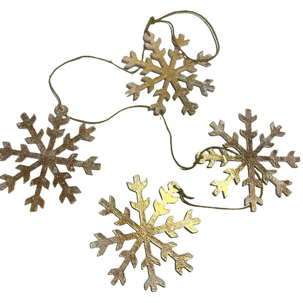 String Of Four Gold Wooden Snowflakes