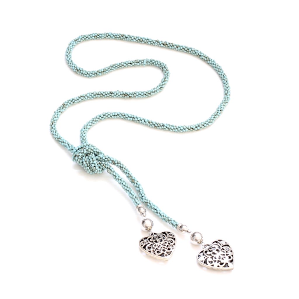 Long Beaded Necklace With Hearts - Flamingo Boutique