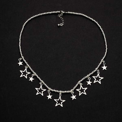 Silver Plate Short Charm Necklace With Drop Stars