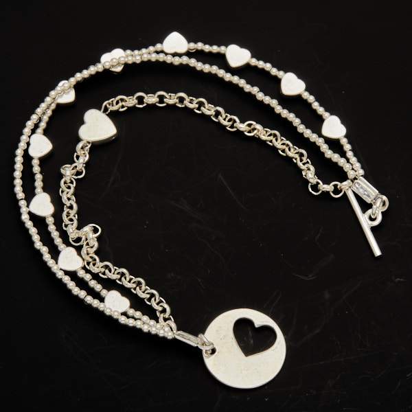 Silver Plate Multi Strand Heart Charm Bracelet With T-Bar