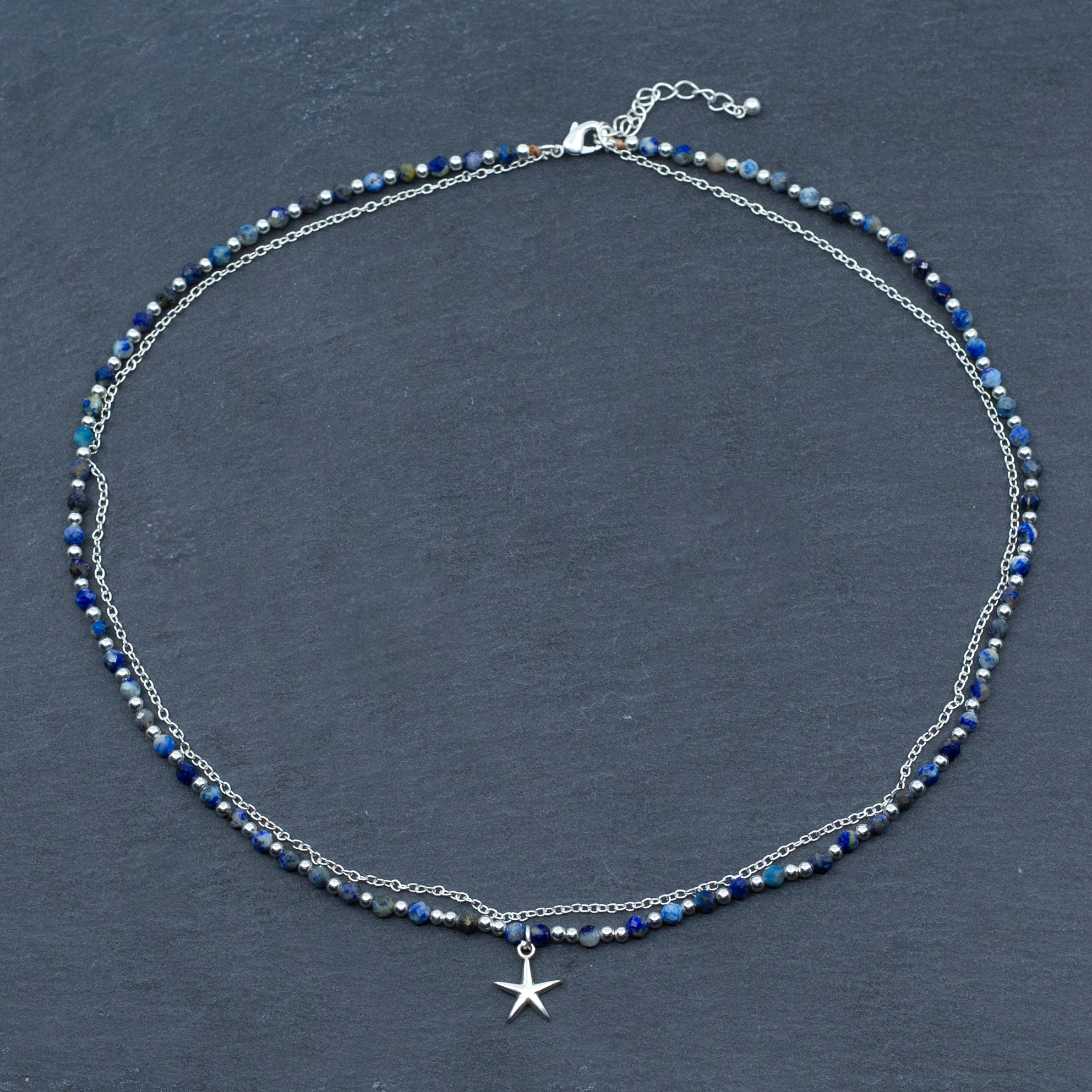 Blue Crystal Cham Necklace In Silver Plate