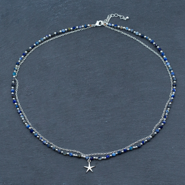 Blue Crystal Cham Necklace In Silver Plate
