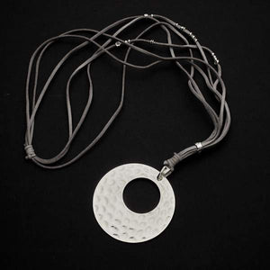 Silver Plate Suede Necklace With Beaten Disc Pendant 