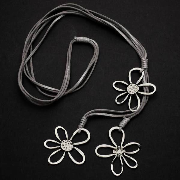 Silver Plate Triple Flower Necklace on Suede