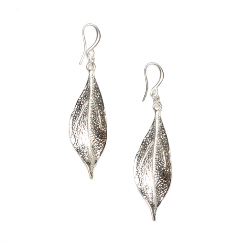 Textured Leaf Earrings In Silver Plate