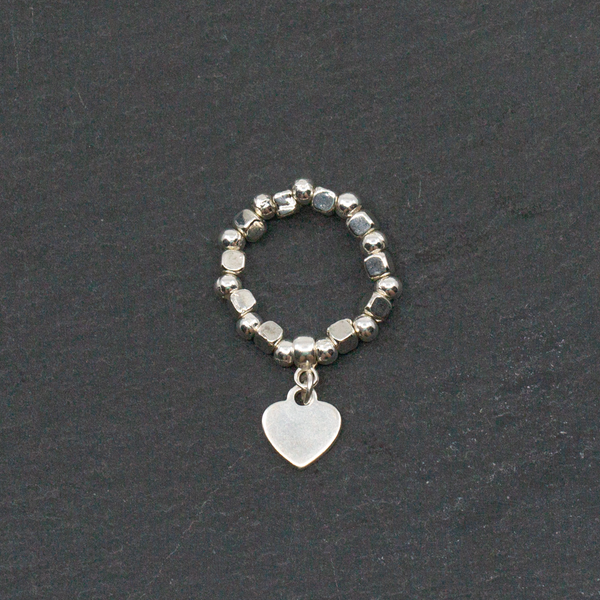 Elasticated Heart Charm Ring In Silver Plate