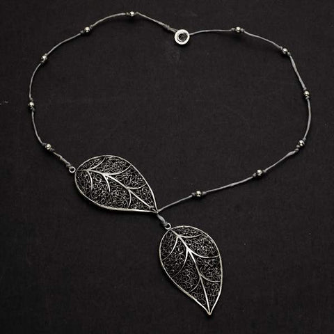 Silver Plate Short Double Leaf Necklace
