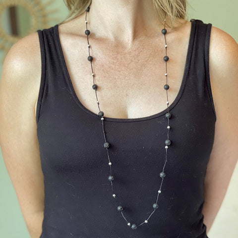 Long Lava Stone Necklace in Silver Plate