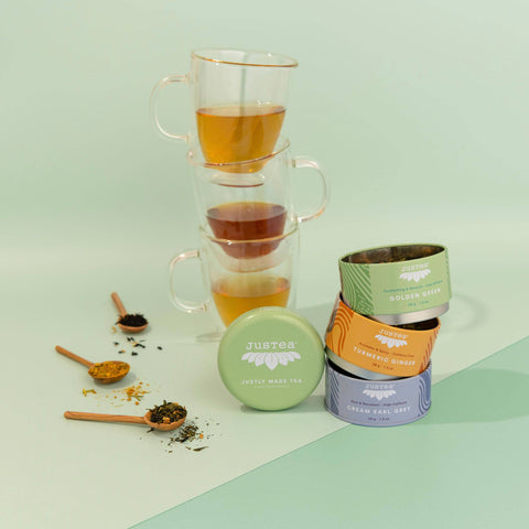 JusTea - Assorted Trio Tin & Spoon - Organic Black, Green, Herbal Tea - Shop Motif