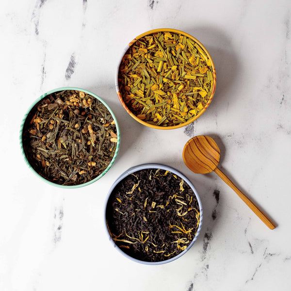 JusTea - Assorted Trio Tin & Spoon - Organic Black, Green, Herbal Tea