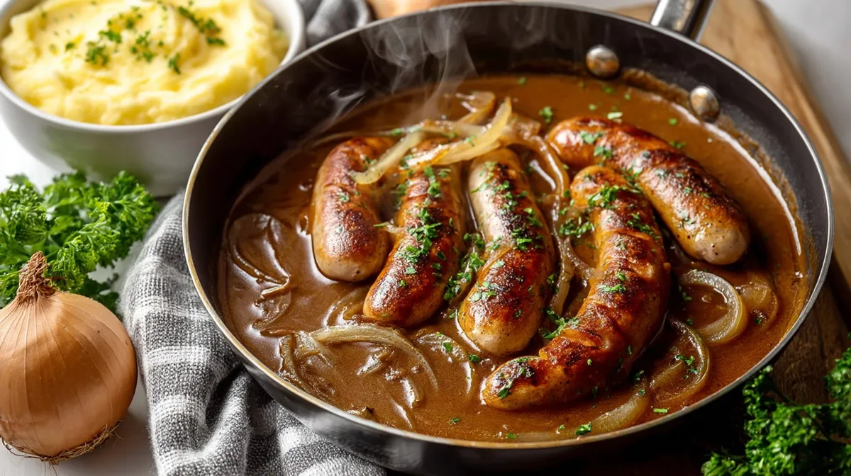 Delicious home cooking: sausages with onion sauce for dinner